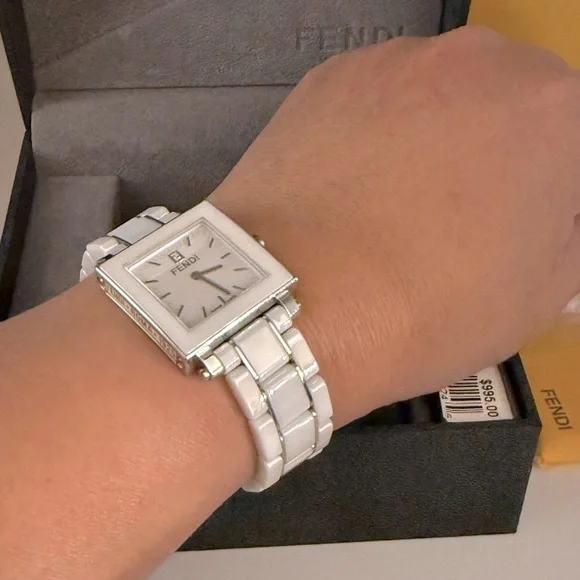 Fendi Square Ceramic White Watch, Stainless Steel Authentic Preloved